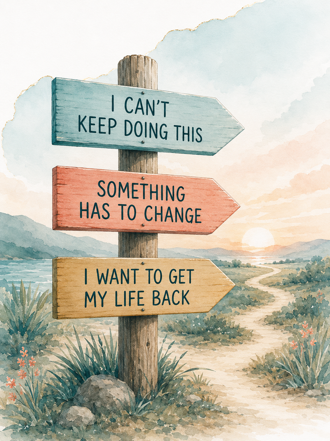 A weathered signpost on a path at dawn with three arms reading I cannot keep doing this, something has to change, and I want to get my life back.