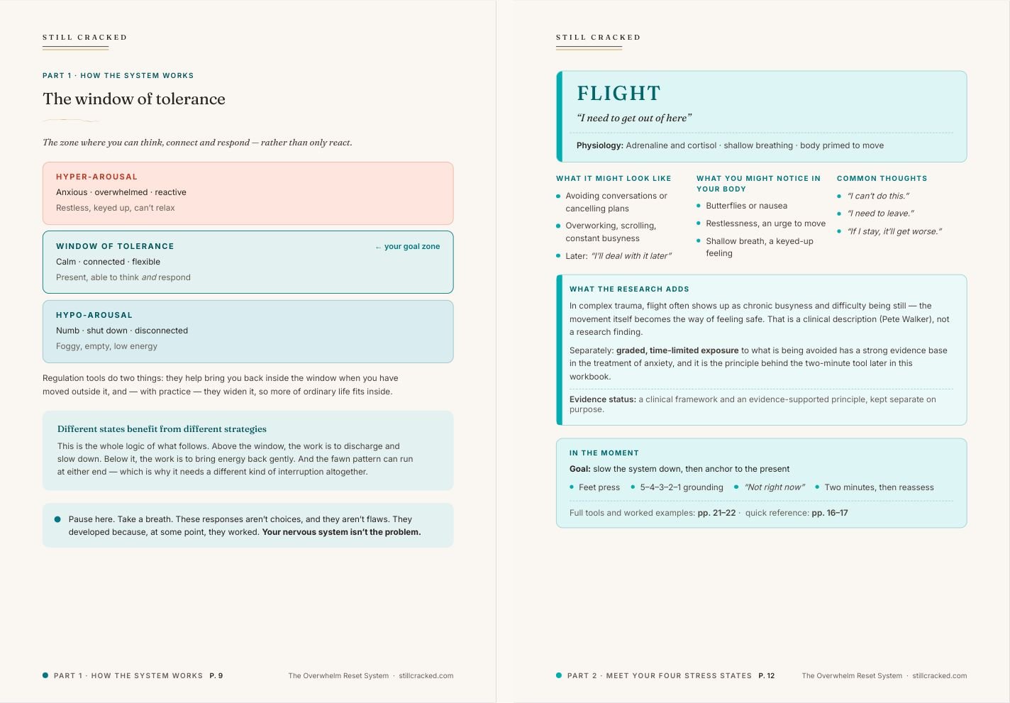 Two interior pages from the Overwhelm Reset System showing the window of tolerance and the flight state guide
