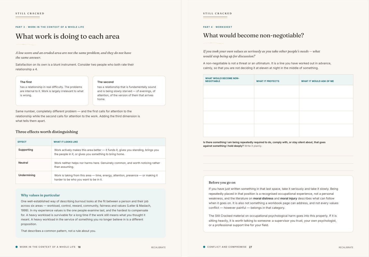 Two interior pages from RECALIBRATE showing reflection prompts and planning spreads