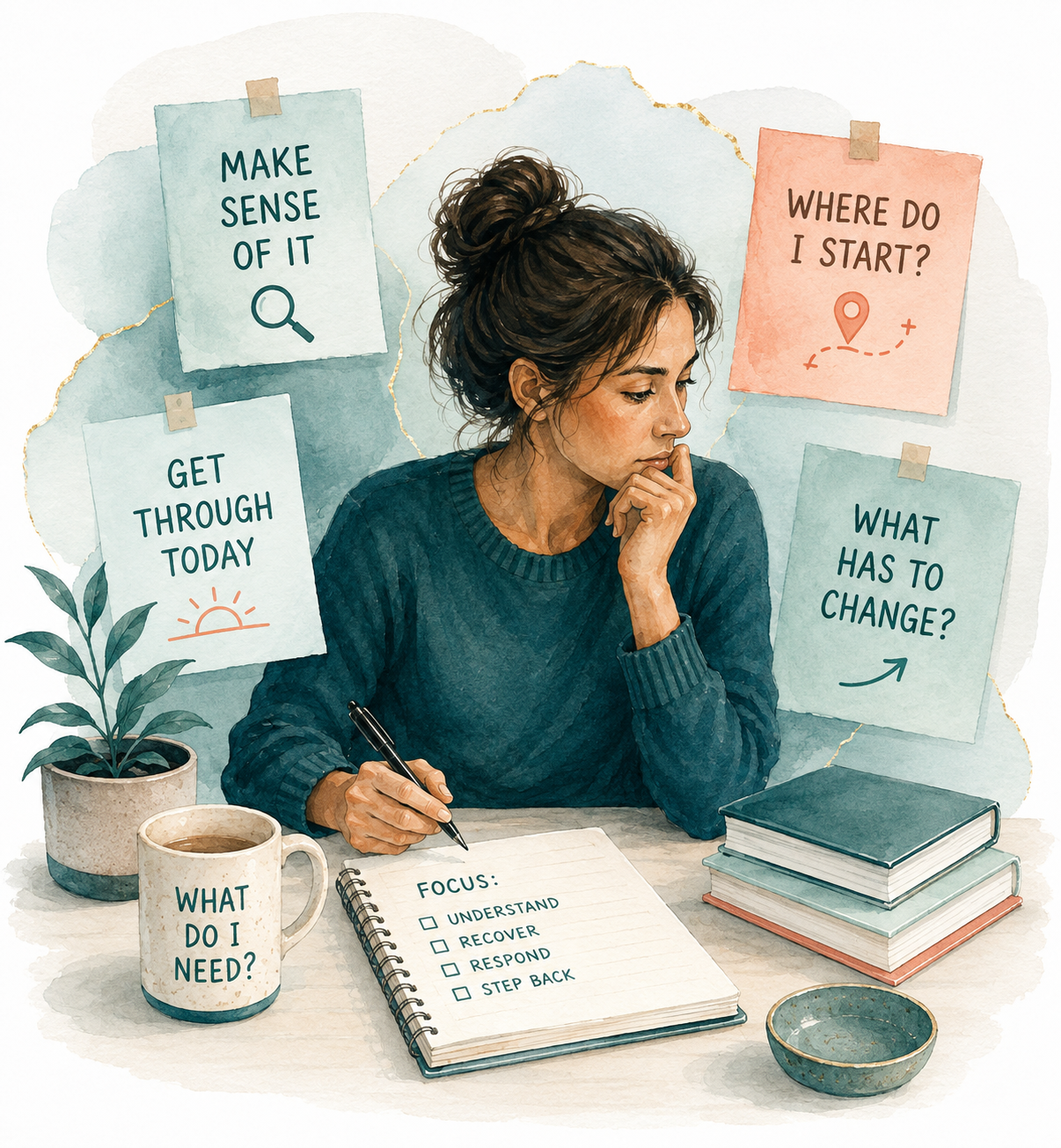 A woman at a desk pausing over a notebook headed focus, with checkboxes for understand, recover, respond and step back. Notes pinned around her read make sense of it, where do I start, get through today and what has to change, and her mug reads what do I need.