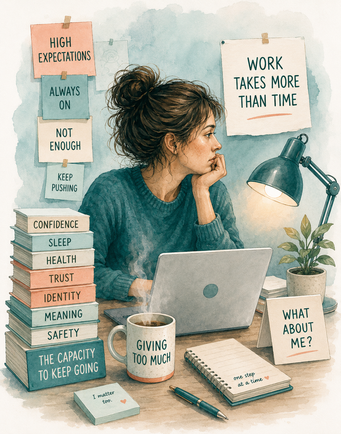 A woman at a desk beside stacked labels reading confidence, sleep, health, trust, identity, meaning, safety and the capacity to keep going, under a pinned note that says work takes more than time.