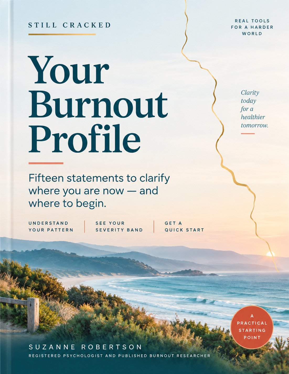 Cover of the Burnout Profile Quick Start Guide &mdash; Still Cracked, deep teal strata artwork with a gold seam