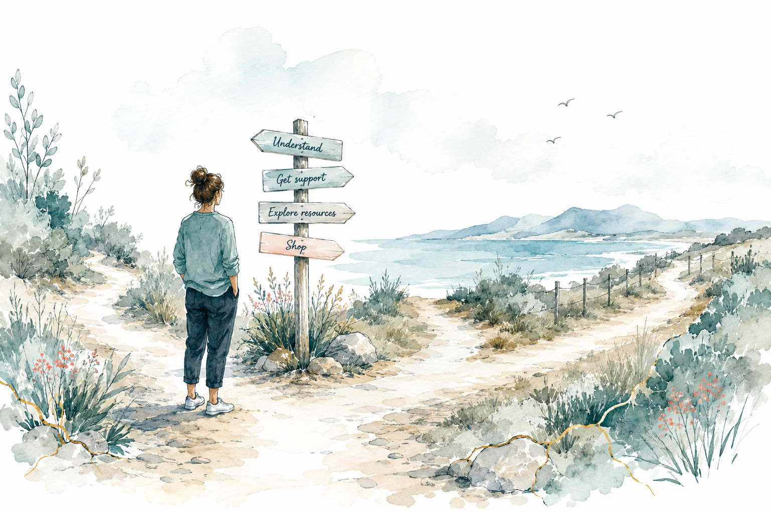 A woman standing at a signpost on a coastal path, its arms pointing to Understand, Get support, Explore resources and Shop.