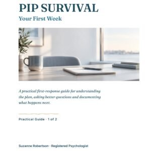 Cover of PIP Survival: Your First Week — a practical first-response guide by Suzanne Robertson, Registered Psychologist, Still Cracked