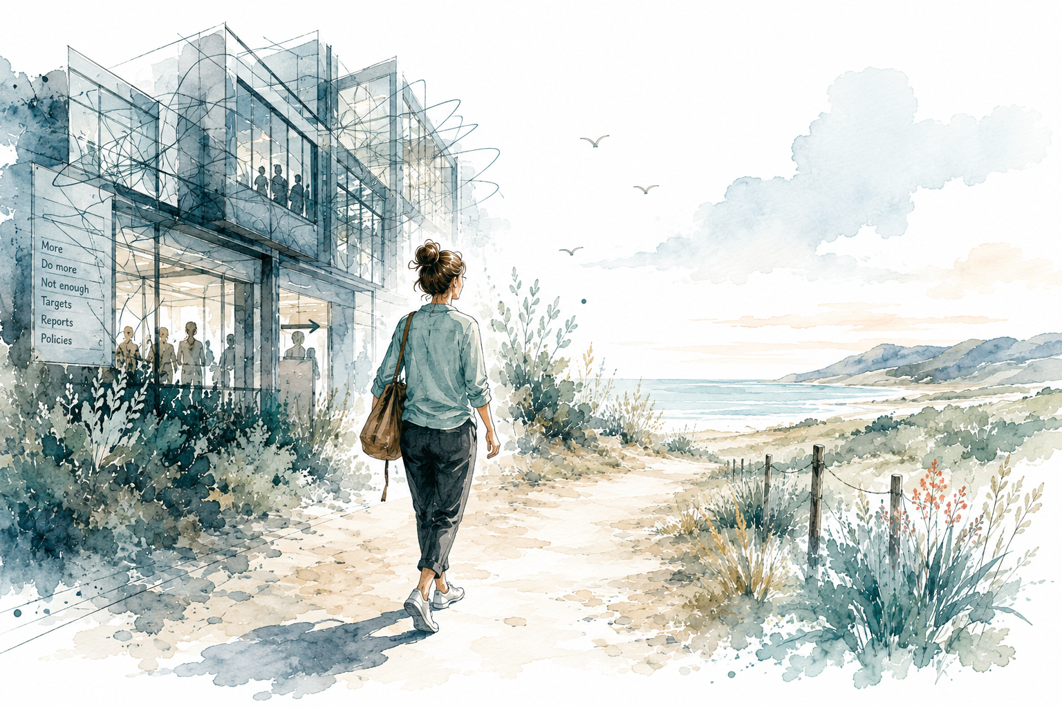 Illustration of a person leaving a demanding workplace and walking towards open coastal space.