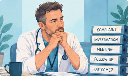 Illustration of Daniel, a health professional, sitting with his hands clasped beside a stack of files labelled complaint, investigation, meeting, follow up and outcome.