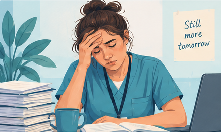 Illustration of Maya, a community support worker, at her desk beside a large pile of paperwork, one hand against her forehead.