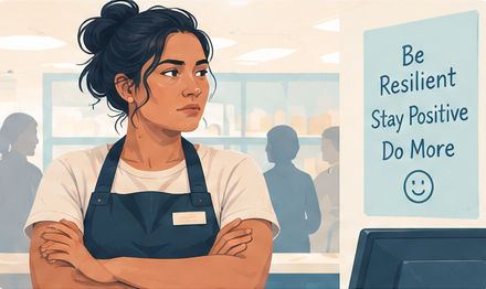 Illustration of Priya, a retail supervisor, standing with her arms folded on a busy shop floor beside a sign reading be resilient, stay positive, do more.