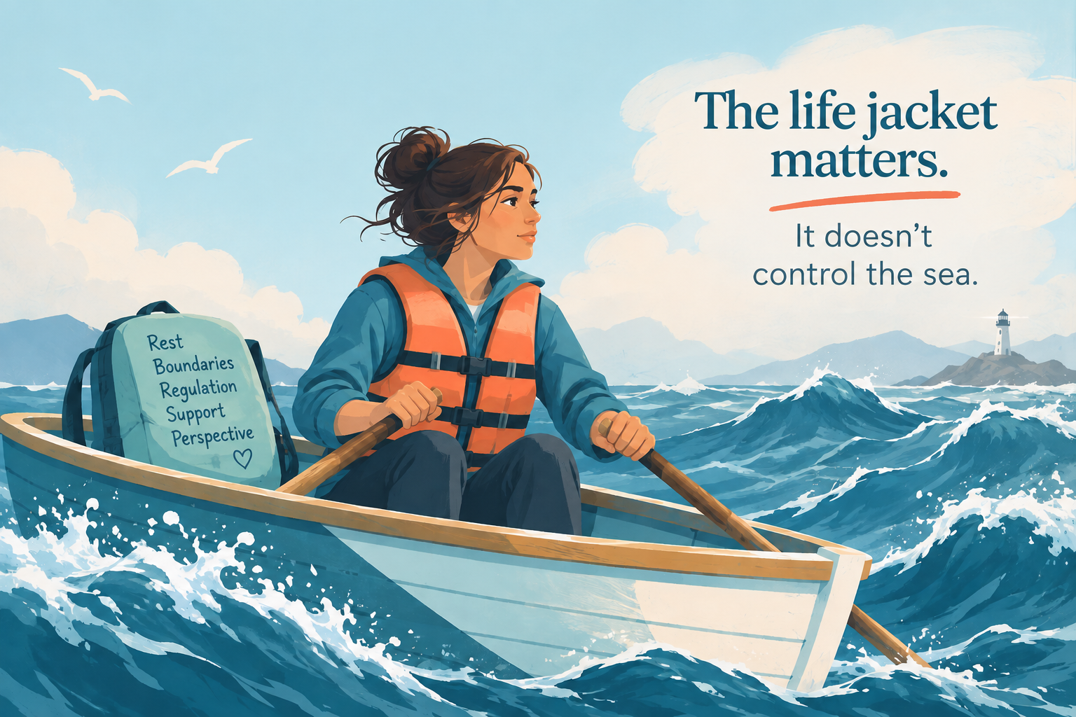 Illustration of a person in a life jacket rowing a small boat through rough seas, a backpack beside her labelled rest, boundaries, regulation, support, perspective, with the words: the life jacket matters. It doesn’t control the sea.