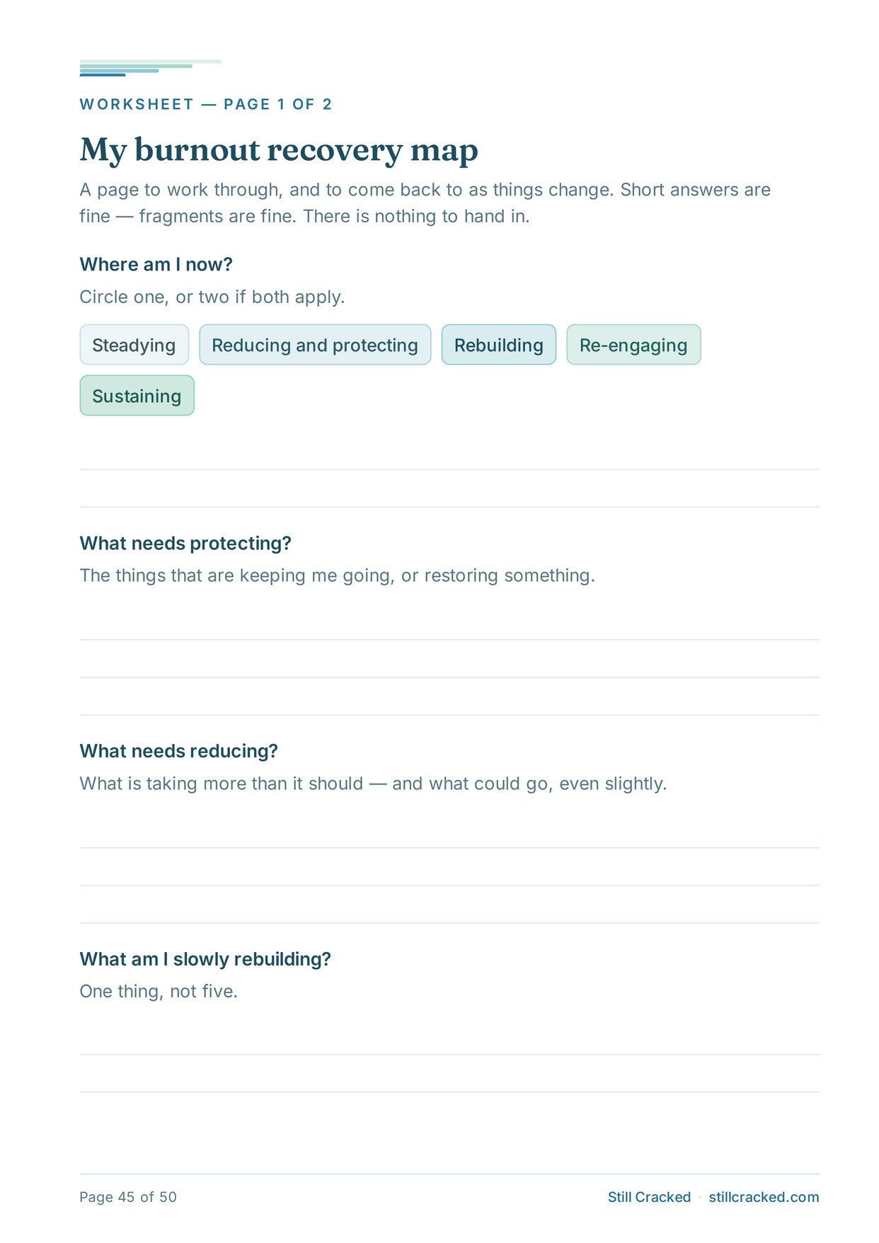 Page 45 — the first worksheet page, my burnout recovery map