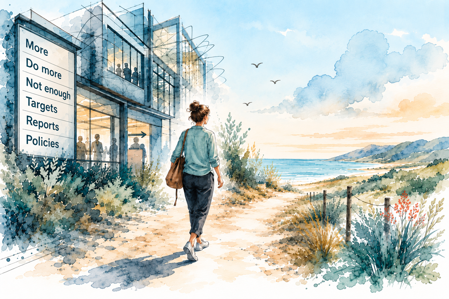 Illustration of a woman walking away from a demanding workplace toward the coast, with workplace pressures listed as more, do more, not enough, targets, reports and policies.