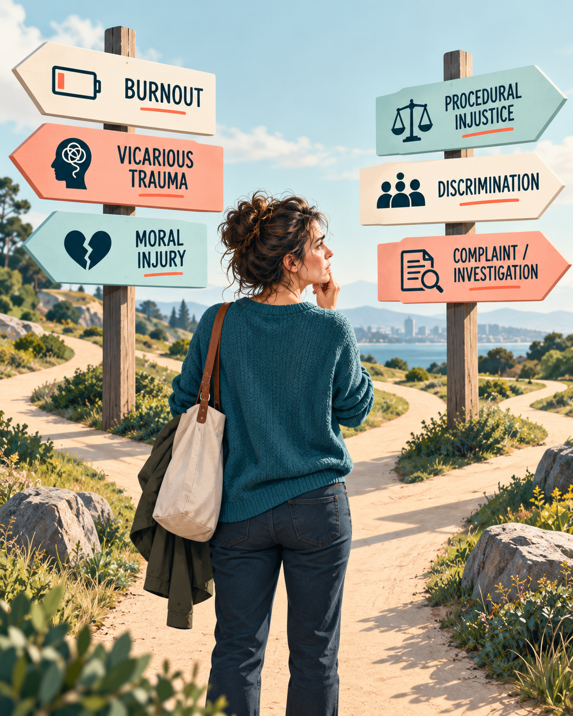 Illustration of a woman at a crossroads with signs for burnout, vicarious trauma, moral injury, procedural injustice, discrimination and complaint or investigation.