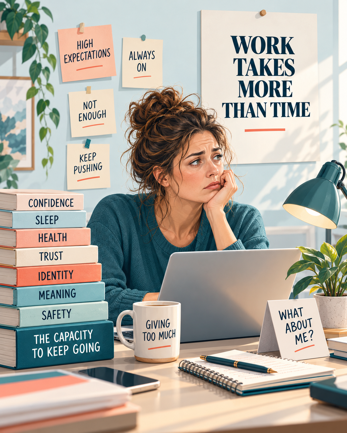 Illustration of an overwhelmed woman at a desk showing how work can take more than time, including sleep, confidence and capacity.