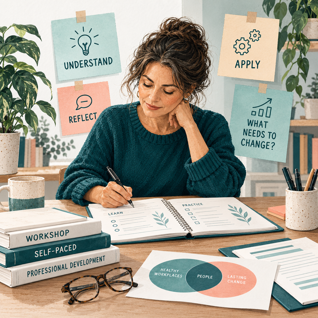 Illustration of a woman working through professional learning materials, with prompts to understand, reflect, apply and identify what needs to change.