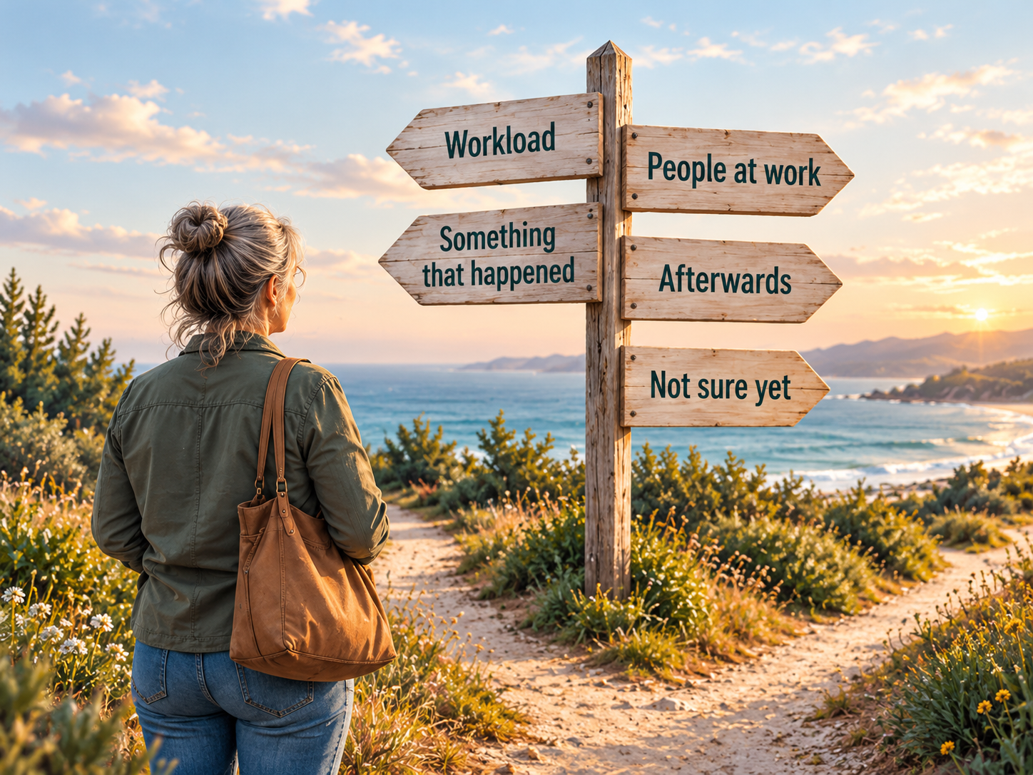 Older woman at a coastal signpost choosing between workload, people at work, something that happened, what came afterwards, or not being sure yet.