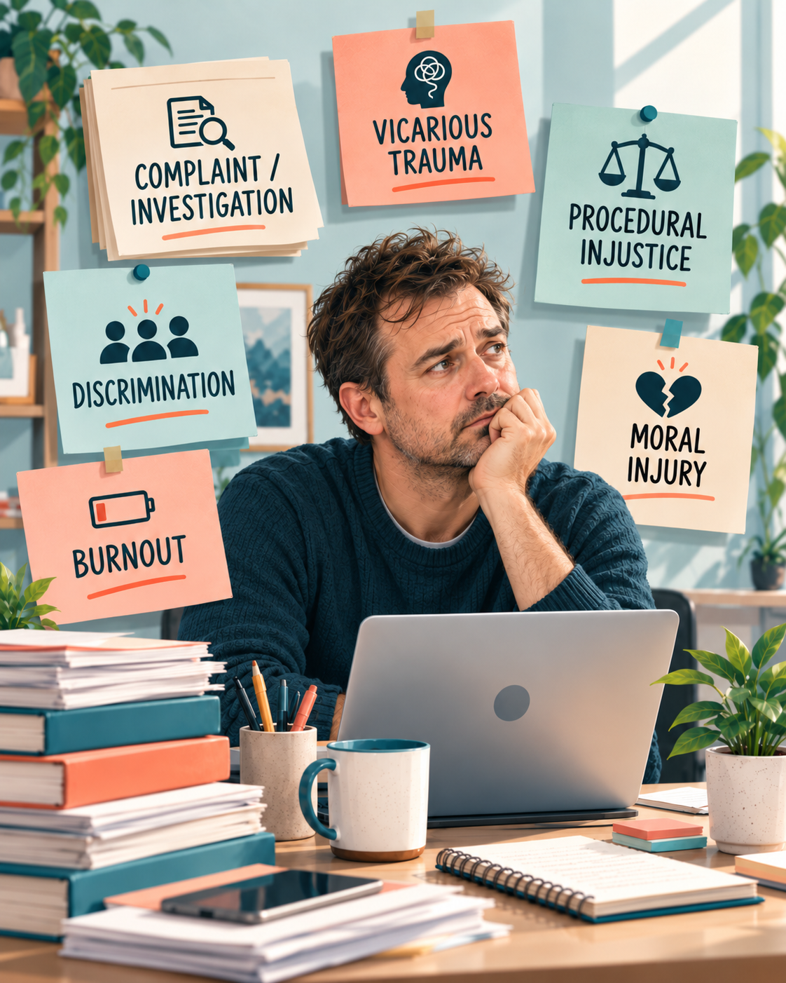 Illustration of a tired man at a desk showing possible workplace harms including burnout, vicarious trauma, procedural injustice, discrimination, complaint or investigation, and moral injury.